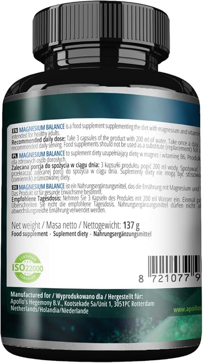 Magnesium Balance - 180 Vegan Capsules - 281.5 mg Highly Absorbable Magnesium Per Serving - Enhanced with Active Vitamin B6-2 Months Supply - Promoting Vitality & Wellness - by Apollo's Hegemony