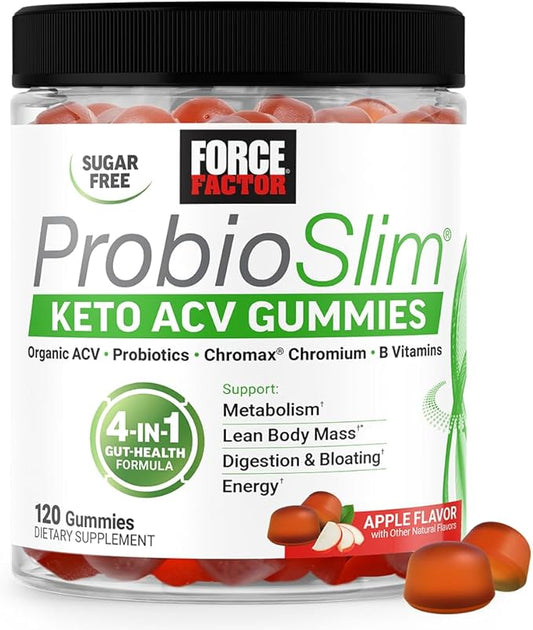 Force Factor ProbioSlim Keto ACV Gummies, Organic Apple Cider Vinegar Gummies with LactoSpore Probiotics & Prebiotics to Support Digestion, Metabolism, & Immune Health, 1 Net Carb, Apple Flavor, 120ct
