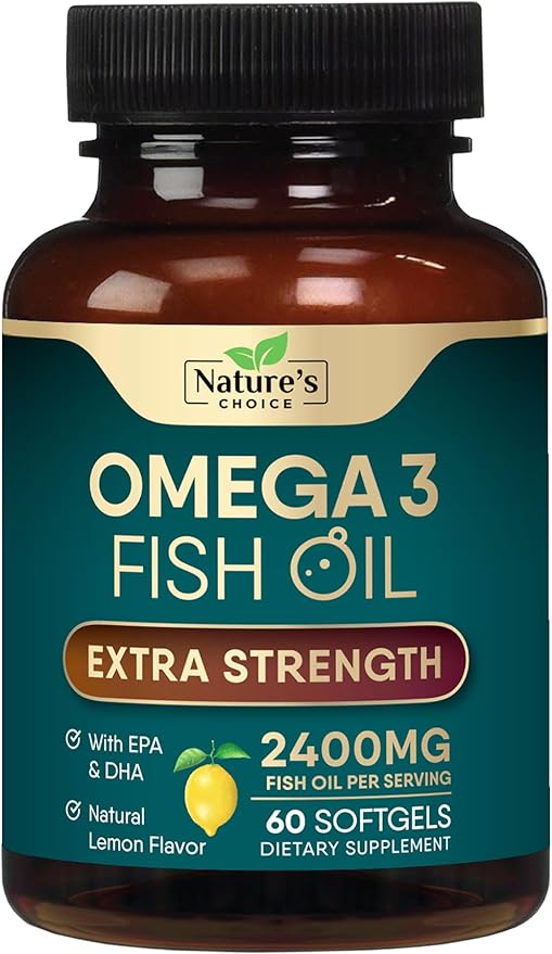 Triple Strength Omega 3 Fish Oil Supplement, EPA & DHA Fish Oil Omega 3 Essential Fatty Acids Supplement Softgels, 2400 mg Brain & Heart Health Support Supplements, Gluten Free, Non-GMO, 60 Softgels