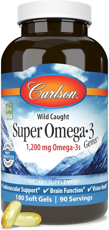 Carlson - Super Omega-3 Gems, 1200 mg Omega-3s, Cardiovascular Support, Brain Function & Vision Health, 180 soft gels