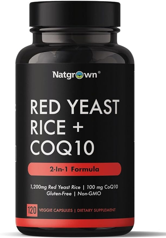 Natgrown Red Yeast Rice with CoQ10 Supplement – 1200 mg Red Yeast Rice Extract + 100 mg Coenzyme Q10 – Heart & Circulatory Support – Vegan, Non-GMO – 120 Capsules