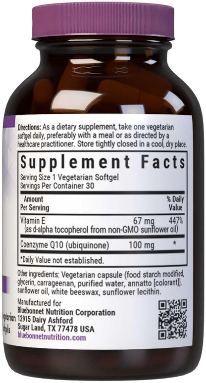 Bluebonnet Nutrition CoQ10 100 mg, Energy Production*, Heart Health*, Non-GMO, Gluten-Free, Soy-Free, Vegetarian Friendly, 30 Vegetarian Softgels, 30 Servings