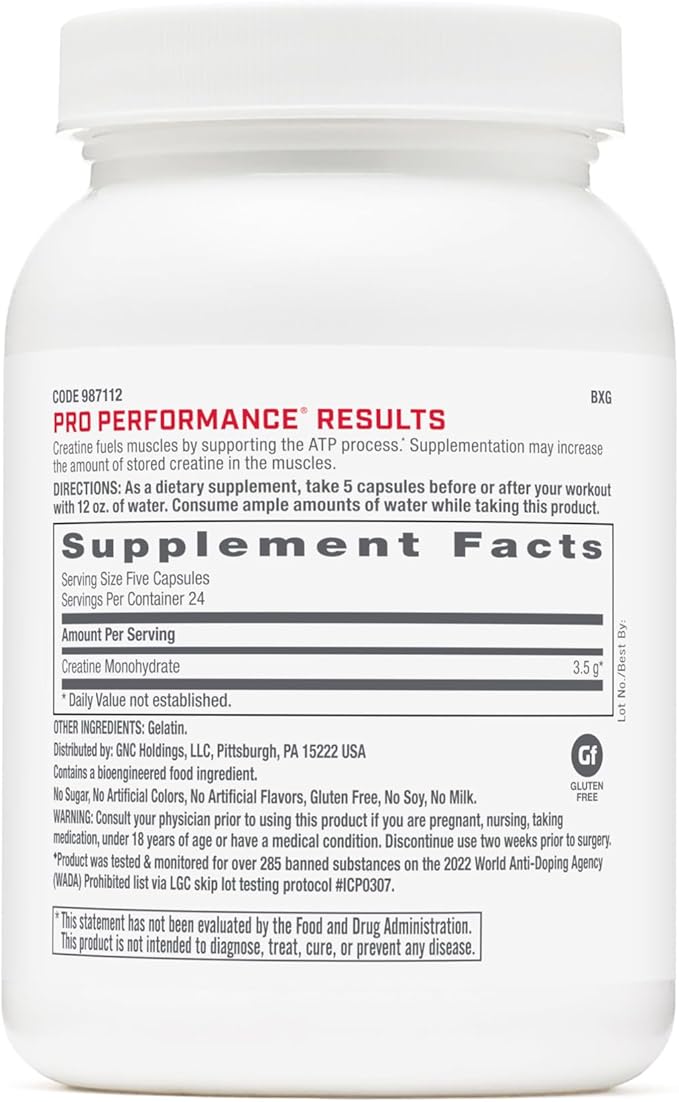 GNC Pro Performance Creatine Monohydrate 3.5g Supplement, Improves Muscle Building, Endurance and Performance, 120 Capsules, 24 Servings
