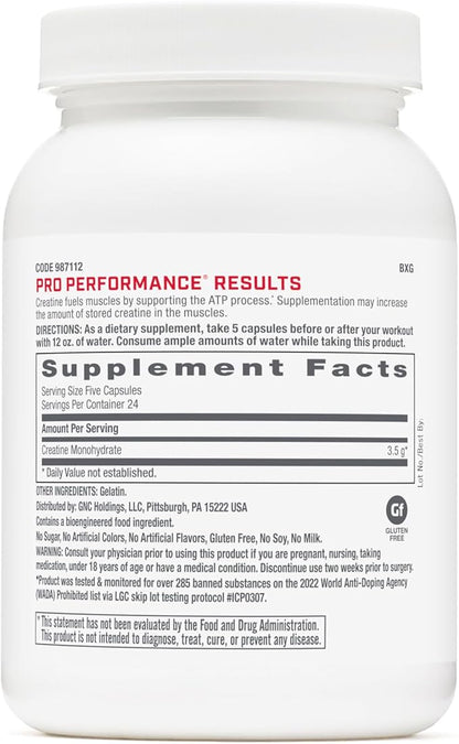 GNC Pro Performance Creatine Monohydrate 3.5g Supplement, Improves Muscle Building, Endurance and Performance, 120 Capsules, 24 Servings