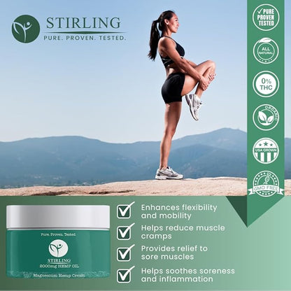 STIRLING Magnesium Cream - 2000mg Hemp Oil + Magnesium & Arnica - Promotes Relief for Joint and Muscle Discomfort, Back Support, and More - Made in USA with Premium Ingredients