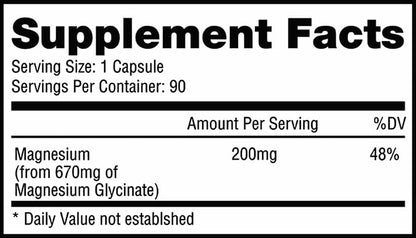 Magnesium Glycinate Capsules (200mg per Capsule, 90 Count) Made in USA