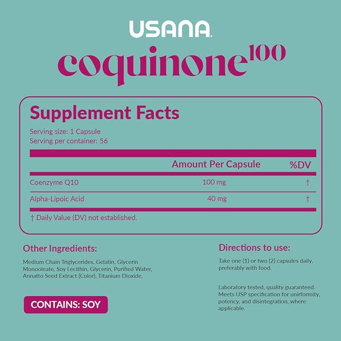 USANA CoQuinone 100 CoQ10 Coenzyme Q10 Supplement with Alpha-Lipoic Acid to Support Heart Health* - 56 Softgels - 28 Day Supply