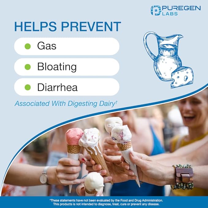 Puregen Labs Dairy Relief Fast Acting Lactase Enzyme 9000 FCC, Lactose Intolerance Pills 360 Tablets