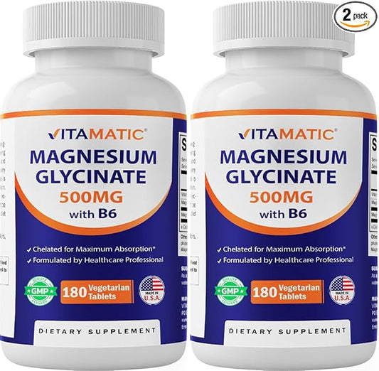 Vitamatic Magnesium Glycinate 500mg per Tablet - 180 Vegetarian Tablets (Uncoated) - Added B6 for Maximum Absorption - Supports Muscle, Joint, and Heart Health* 2 Packs