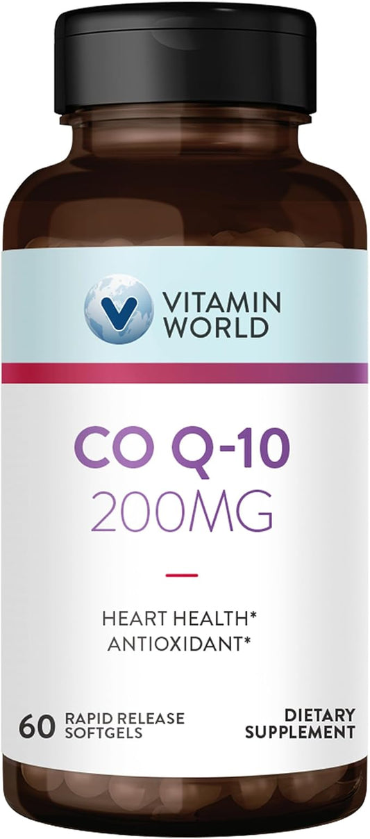 Vitamin World CoQ10 200 mg Softgels, Coenzyme Q10 Supplements for Antioxidant Support, Heart Health & Energy Production, Gluten Free, 60 Rapid Release Softgels