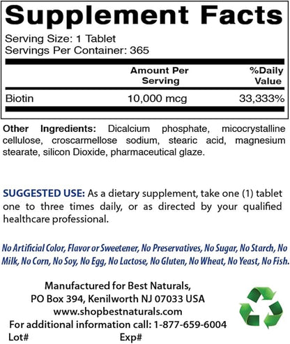 Best Naturals Biotin (Also Called Vitamin B7), 10,000 mcg Tablets (365 Count (Pack of 3))