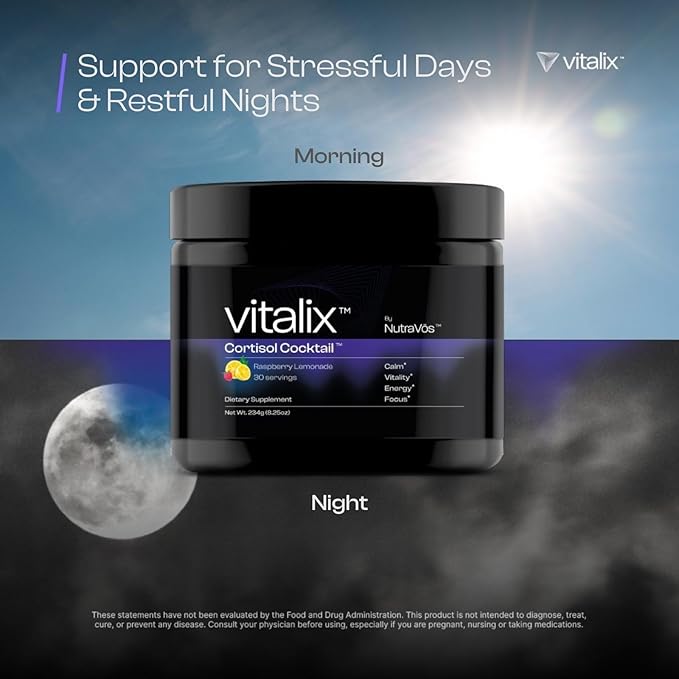 Vitalix Cortisol Cocktail–Premium Adaptogen Drink Mix - Cortisol Detox & Adrenal Support - Ashwagandha KSM 66 400mg, Magnesium Glycinate 200mg, L-Theanine 200mg - Raspberry Lemonade – 30 Servings