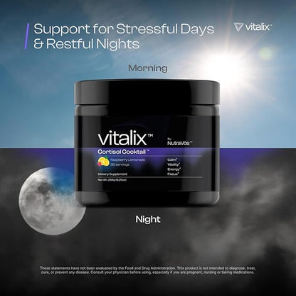 Vitalix Cortisol Cocktail–Premium Adaptogen Drink Mix - Cortisol Detox & Adrenal Support - Ashwagandha KSM 66 400mg, Magnesium Glycinate 200mg, L-Theanine 200mg - Raspberry Lemonade – 30 Servings