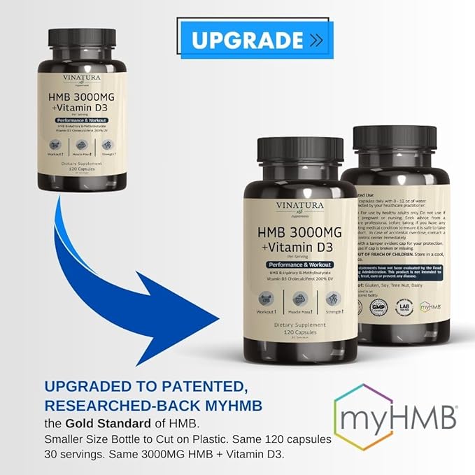 HMB 3000mg and Vitamin D3 Supplement Capsules per Serving *USA Made & Tested* Promotes Muscle Growth & Recovery - HMB Supplement and Vitamin D3 (1600 IU) - 120 Capsules 30 Servings