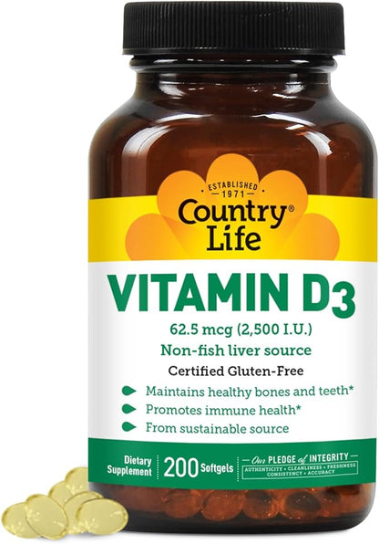 Country Life Vitamin D3 2500 IU Soft Gels, Larger, 200 sg, 200 Count