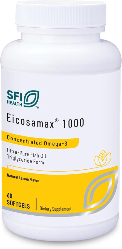 Klaire Labs Eicosamax 1000 TG Fish Oil - 1000 mg EPA/DHA per Soft Gel, Ultra Pure Omega-3 Fish Oil Pills - Sustainably Sourced - Natural Lemon Flavor for No Fishy Burps (60 Softgels)