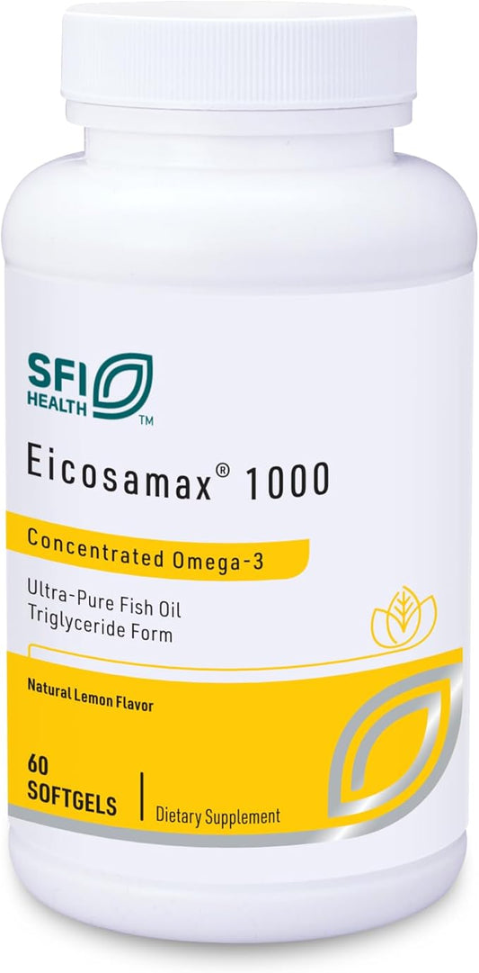 Klaire Labs Eicosamax 1000 TG Fish Oil - 1000 mg EPA/DHA per Soft Gel, Ultra Pure Omega-3 Fish Oil Pills - Sustainably Sourced - Natural Lemon Flavor for No Fishy Burps (60 Softgels)
