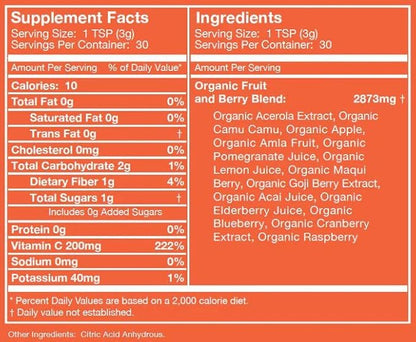 Live Ultimate Ultimate C 30 Day Pouch Organic Whole Food Vitamin C Powder, 13 Superberries & Superfruits, Non-GMO, Vegan, Gluten-Free