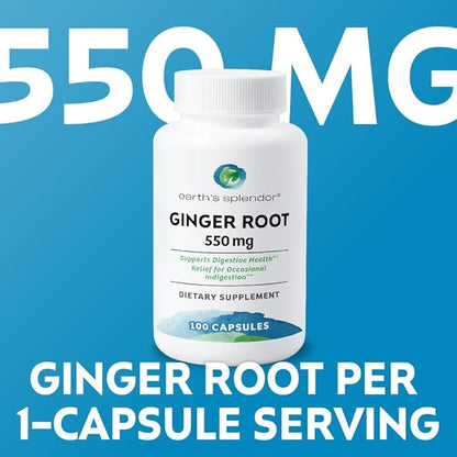 Earth's Splendor Ginger Root 550 mg Dietary Supplement for Men & Women, Supports Digestive Health, No Artificial Color or Preservatives (550 mg, 100 Capsules)