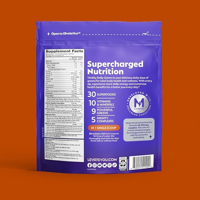 L'Evate You Vitality Daily Greens, Variety Pack (3 Bags, 84 Servings) 30 Superfoods, 9 Greens - for Cellular Energy Boost, Powered by M-Charge Complex for All Day Energy