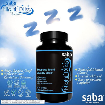 Saba Night Bliss Natural Sleep Aid | Non-Habit Forming | Sleep Supplement for Longer Sleep & Stress Relief w/Magnesium, Melatonin, GABA, Chamomile, & Valerian (60 Vegan Capsules, 30 Day Supply)
