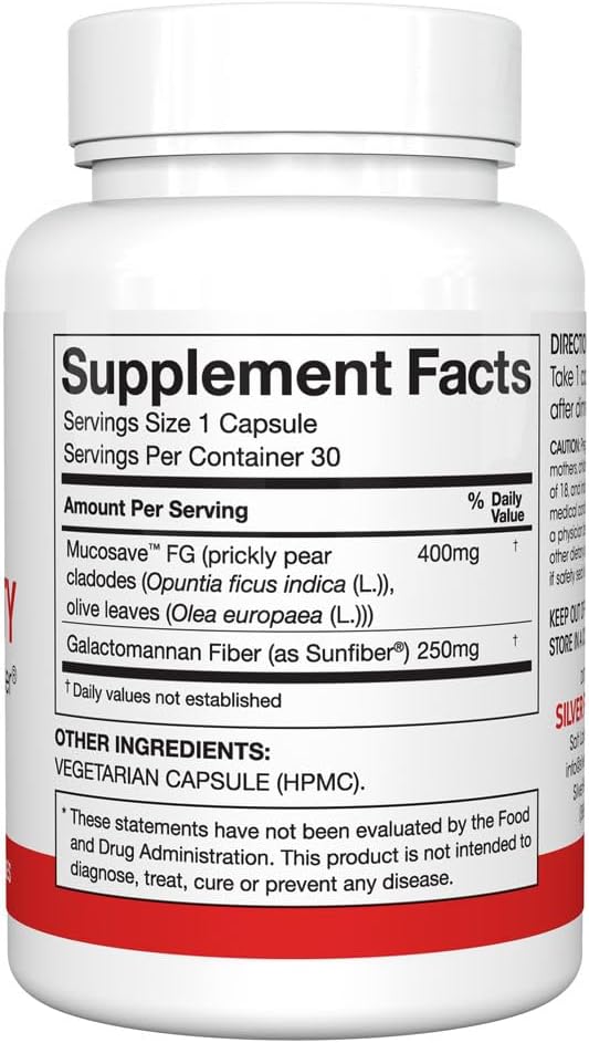 Silver Fern Regularity Digestive Supplement Capsules Brand - 1 Bottle = 30 Capsules = 30 Day Supply - Mucosave FG (Prickly Pear Polysaccharides & Olive Leaf Polyphenols) & SunFiber