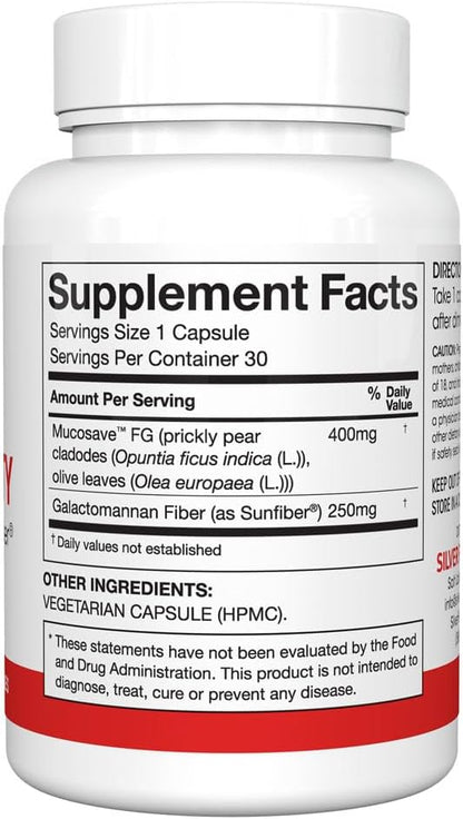 Silver Fern Regularity Digestive Supplement Capsules Brand - 1 Bottle = 30 Capsules = 30 Day Supply - Mucosave FG (Prickly Pear Polysaccharides & Olive Leaf Polyphenols) & SunFiber