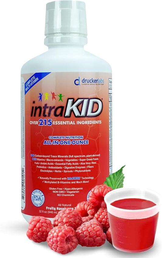 DRUCKER Labs 2.0 Organic Liquid Trace Minerals, Liquid Multivitamin for Kids, Immune Support, Non GMO, Dairy Free, Gluten Free, Magnesium, Vitamin D, C, E, Zinc, (32 oz., Fruity Raspberry)