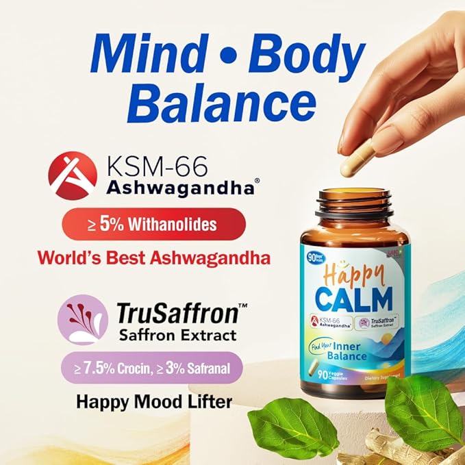 LABO Nutrition Happy Calm with KSM-66 Ashwagandha, Saffron Extract and Black Pepper Extract for Stress, Cognitive Health, Immune Boost, Quality Sleep, 5% Withanolides, 90 Vegan Capsule