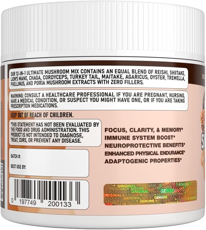 12-in-1 Dozen Synergy Power: Premium Complex of 12 Carefully Selected Fruiting Body Mushroom Extracts, Supporting Immunity, Cognitive & Cardiovascular Functions