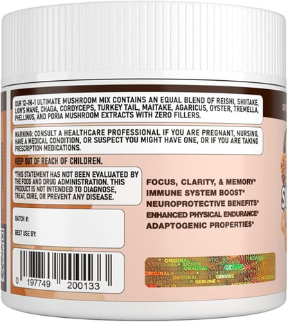 12-in-1 Dozen Synergy Power: Premium Complex of 12 Carefully Selected Fruiting Body Mushroom Extracts, Supporting Immunity, Cognitive & Cardiovascular Functions