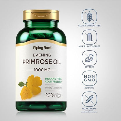 Piping Rock Evening Primrose Oil Capsules 1000mg | 200 Softgels | Cold Pressed Supplement | Non-GMO, Gluten Free