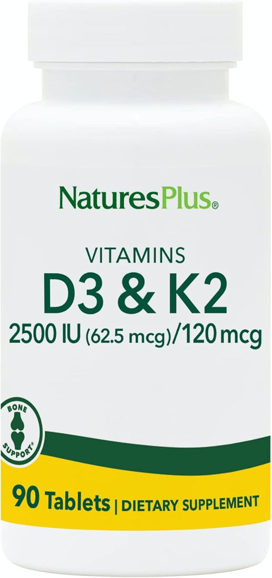 Natures Plus Vitamins D3 & K2-90 Tablets - Promotes Bone Support, Immune Function, Cardiovascular Health & Mood Balance - Vegetarian, Gluten Free - 90 Servings