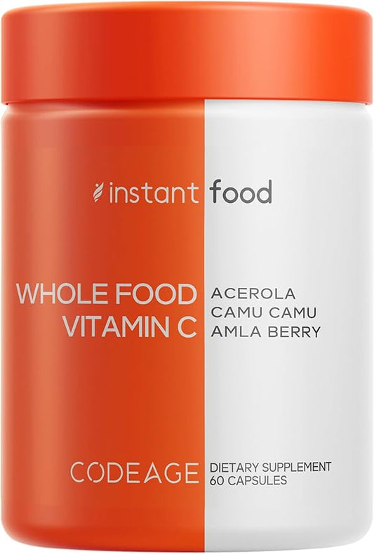 Codeage Whole Food Vitamin C Supplement - Acerola Cherry, Camu Camu, Amla Berry & Rose HIPS Blend - Citrus Bioflavonoids - Instantfood Energy Vitamins - 500mg Vitamin C Pills - Non-GMO - 60 Capsules