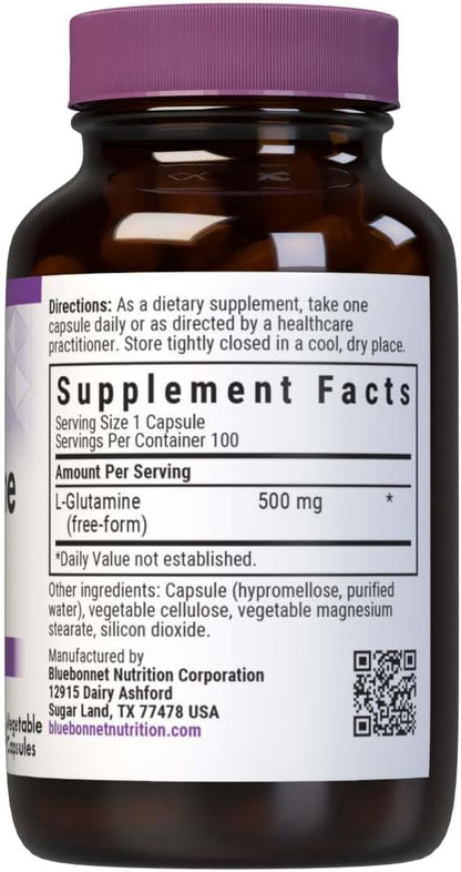 Bluebonnet Nutrition L-Glutamine 500mg, Supports Immune Function*, Nitrogen Transporter*, Soy-Free, Gluten-Free, Non-GMO, Kosher Certified, Vegan, 100 Vegetable Capsules, 100 Servings