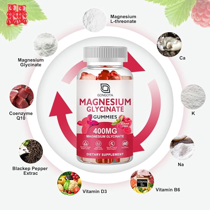 Magnesium Glycinate Gummies 400 mg with 100 mg Composite magnesium - Chelated Magnesium Potassium Supplement with Vitamin D, B6 Supports Calm, Sleep, Memory & Muscle Cramps,Sugar Free - 120 Gummies