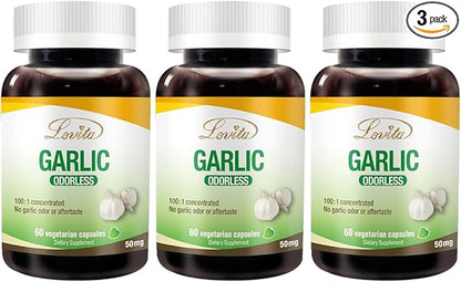 Lovita Odorless Garlic Extract, 50mg 100:1 Concentrate, High Potency, 1.25% Allicin, Gluten-Free, Supports Immune & Cardiovascular Health, 60 Vegan Capsules (Pack of 3)