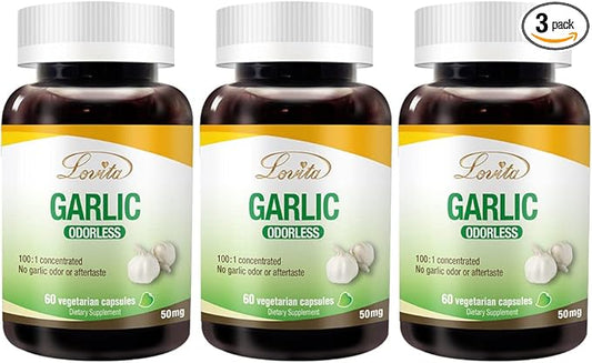 Lovita Odorless Garlic Extract, 50mg 100:1 Concentrate, High Potency, 1.25% Allicin, Gluten-Free, Supports Immune & Cardiovascular Health, 60 Vegan Capsules (Pack of 3)