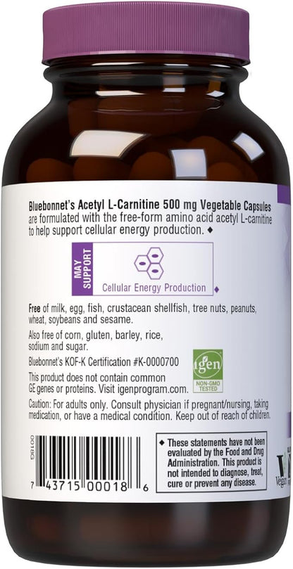 BlueBonnet Acetyl L-Carnitine 500 mg Vitamin Capsules, 60 Count