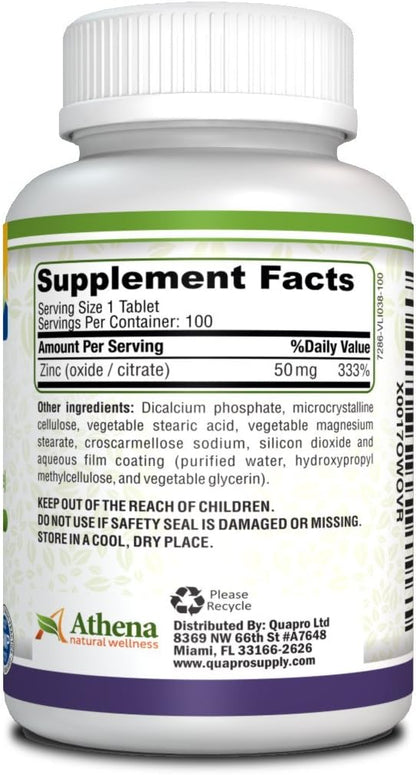 Athena - Zinc Supplement Tablets 50mg - Oxide/Citrate - 100 Coated Tablets