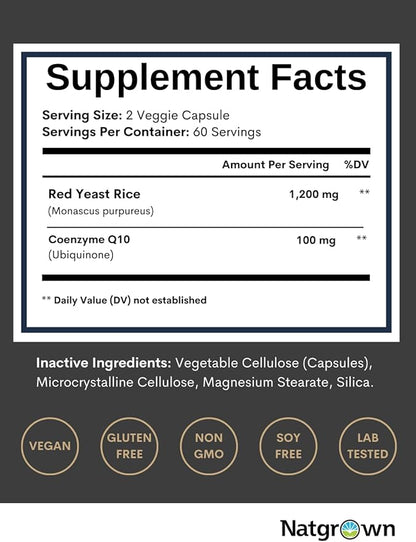 Natgrown Red Yeast Rice with CoQ10 Supplement – 1200 mg Red Yeast Rice Extract + 100 mg Coenzyme Q10 – Heart & Circulatory Support – Vegan, Non-GMO – 120 Capsules