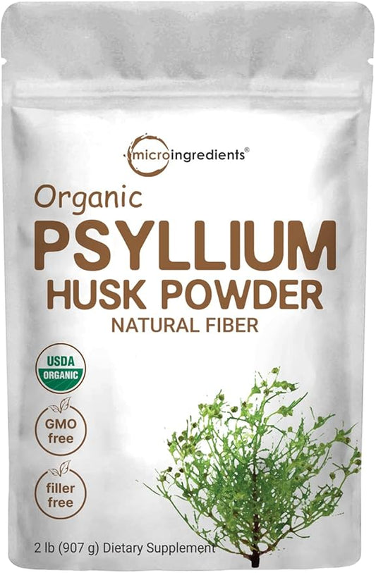 Organic Psyllium Husk Powder, 2 Pounds (32Oz) - Unflavored - Soluble Fiber Supplement for Baking, Smoothie and Beverage, India Origin, Keto Diet, Gluten Free, No GMOs, and Vegan Friendly