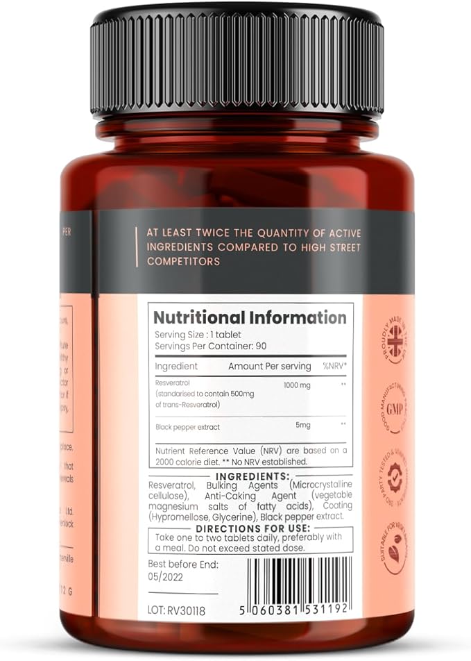1000mg Resveratrol x 90 Tablets (3 Months Supply). 10 x Strength with Black Pepper Extract for Faster Absorption