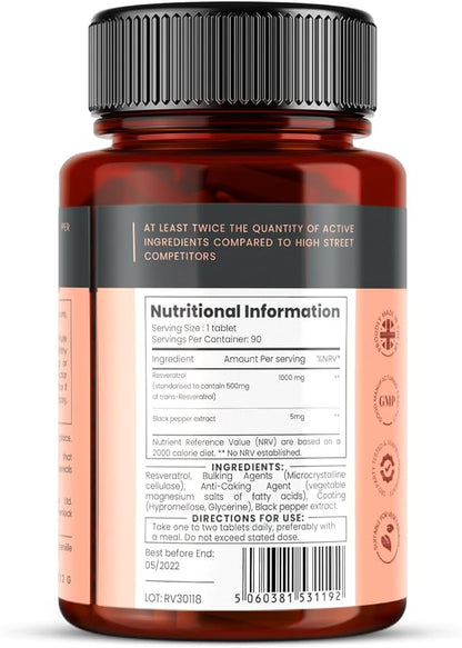 1000mg Resveratrol x 90 Tablets (3 Months Supply). 10 x Strength with Black Pepper Extract for Faster Absorption