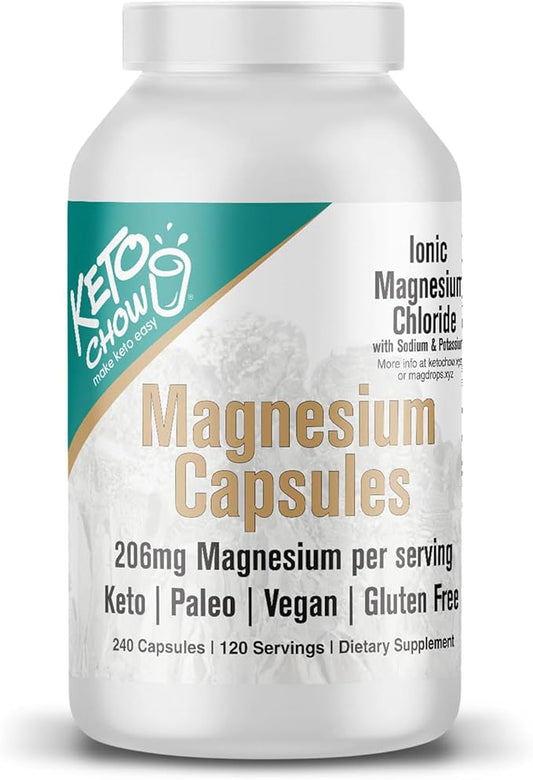 Keto Chow - Magnesium Capsules Supplement - 206mg Ionic Magnesium Chloride w/Sodium, Potassium, Electrolytes - Vegan, Sugar & Gluten Free - 240 Count