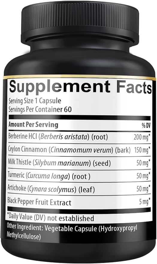 Berberine Supplement with Ceylon Cinnamon, Turmeric, Artichoke, Milk Thistle - Berberine HCl Supplement Pills - 60 Capsules [2-Month Supply]