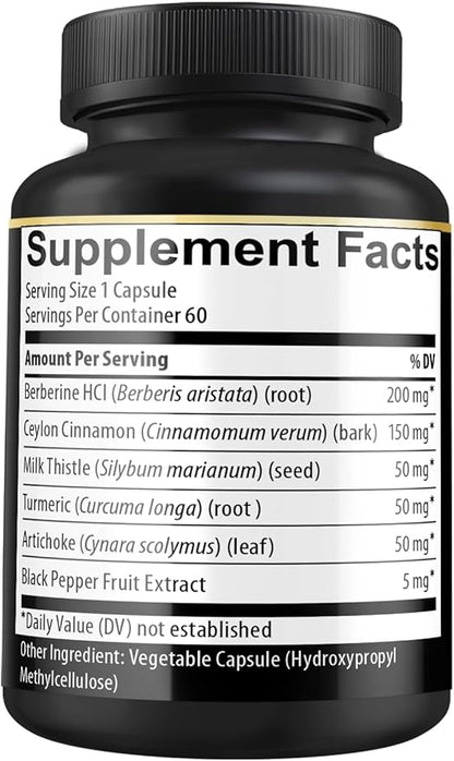 Berberine Supplement with Ceylon Cinnamon, Turmeric, Artichoke, Milk Thistle - Berberine HCl Supplement Pills - 60 Capsules [2-Month Supply]