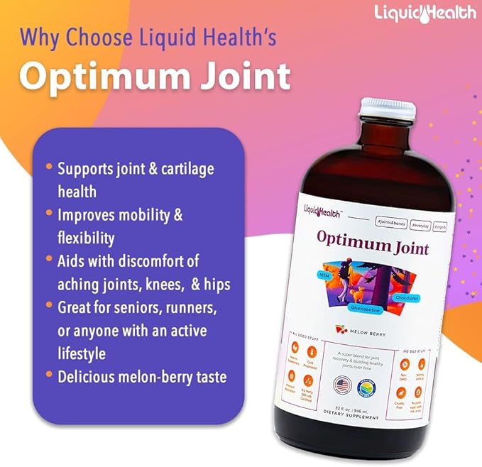 LIQUIDHEALTH Optimum Joint Support Liquid Multivitamin with Glucosamine, Chondroitin, MSM, Hyaluronic Acid - Increase Mobility, Joint Comfort, for Runners & Athletes - Made in USA, Vegan (4 Pack)