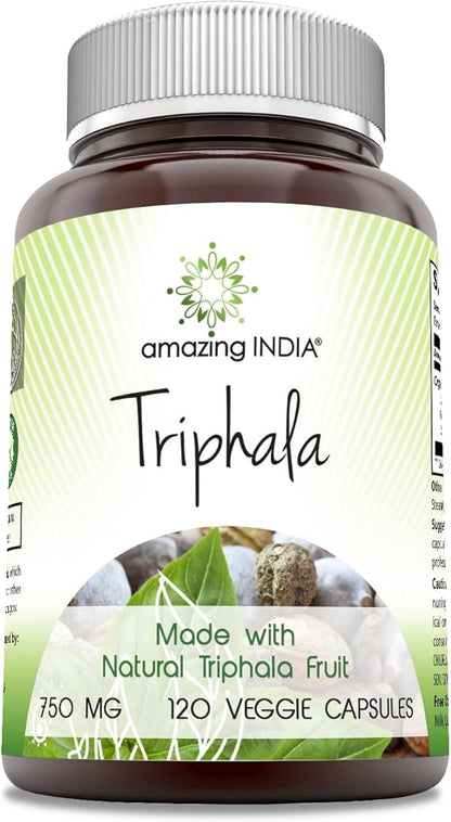 Amazing India Triphala (Natural Triphala Fruit) Supplement | 750 Mg per Serving | 120 Veggie Capsules | Non-GMO | Gluten-Free