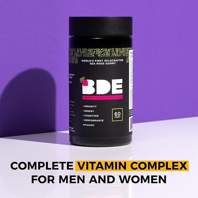 BDE Wildcrafted Sea Moss Gummy Maca Root, Beets, Lions Mane Mushroom, Vitamin D + E - Vegan Collagen, Zinc, Immunity & Detox, Gut Health - 60 Count